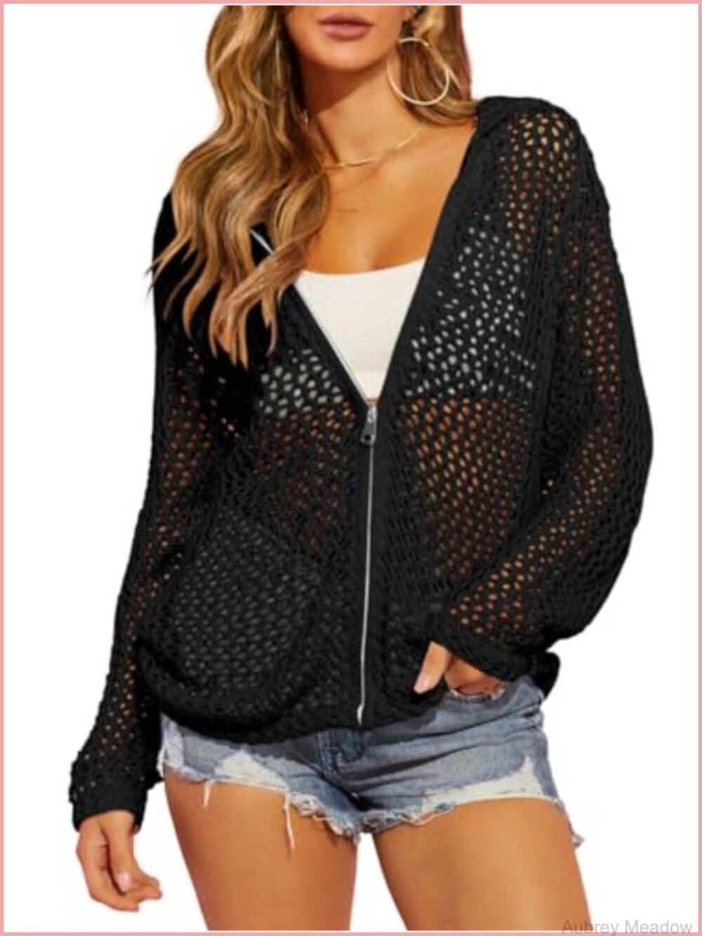 Women's Crochet Sweater Cardigan Zip Up Knit Open Front Boho